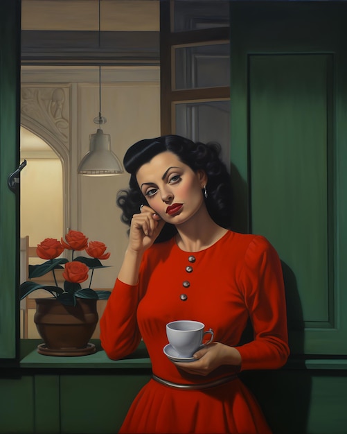 Woman with lipstick and coffee in kitchen