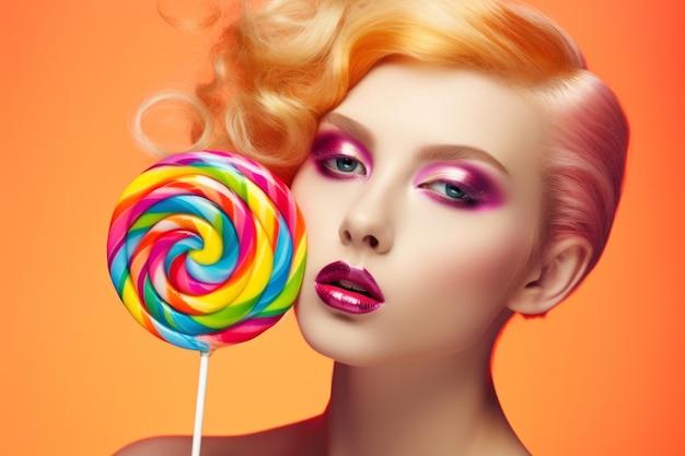 A woman with a lollipop on her face