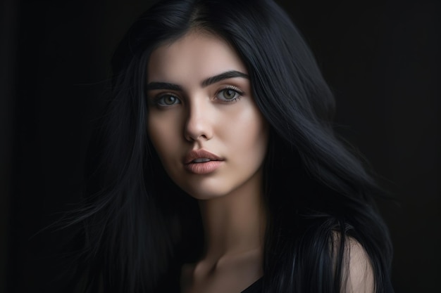 A woman with long black hair and a black dress is looking at the camera.