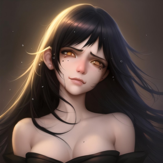 A woman with long black hair and a black dress with yellow eyes looks at the camera.