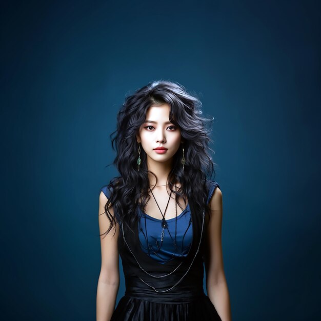 A woman with long black hair and a blue dress with a blue background