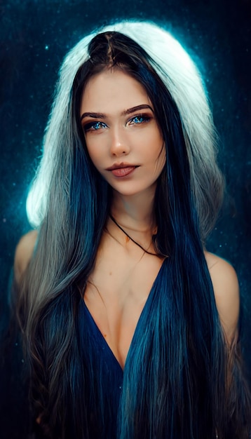 Woman with long black hair and blue eyes generative ai