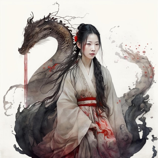 A woman with long black hair and a dragon on her head