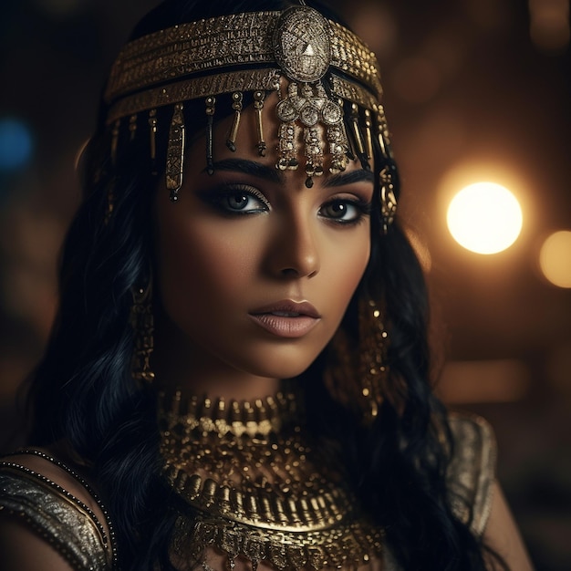 Photo a woman with long black hair and a gold beaded headdress.