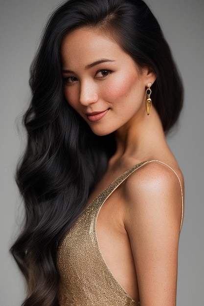 A woman with long black hair and a gold top stands in front of a grey background.