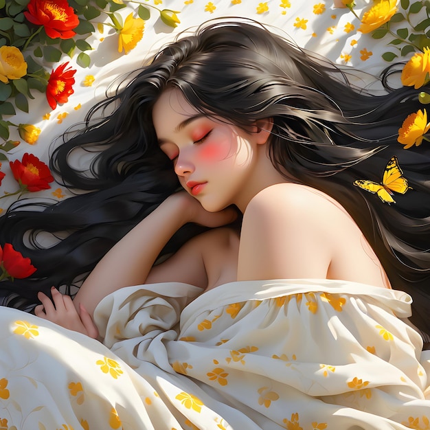 a woman with long black hair is sleeping in a bed with flowers and a floral blanket