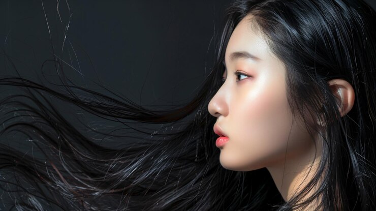 긴 검은 머리카락과 얼굴에 빛이 있는 여자