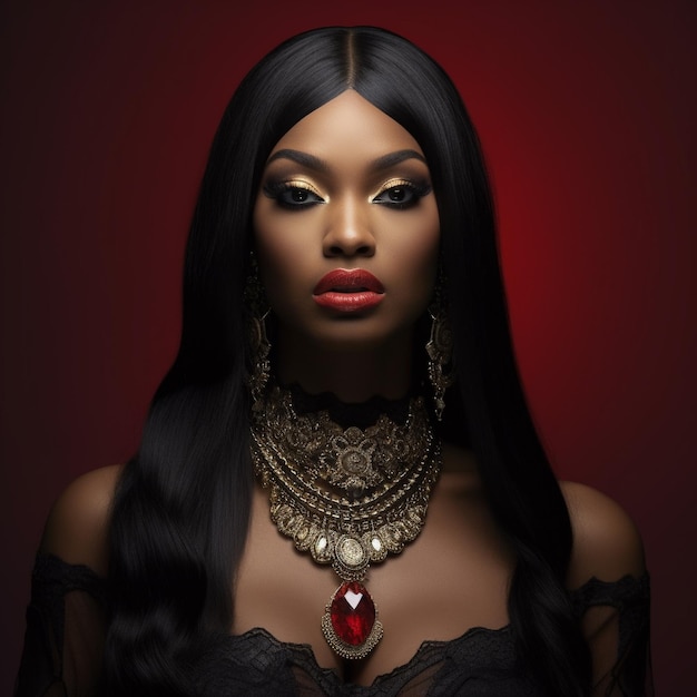 A woman with long black hair and a red lip and gold necklace.