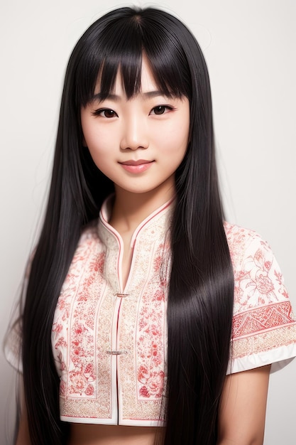 A woman with long black hair and a red and white dress