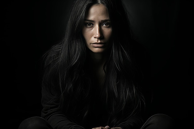 a woman with long black hair sitting on the floor