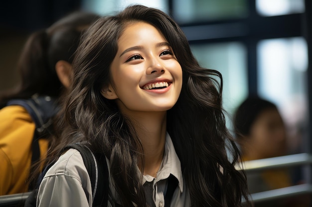 a woman with long black hair smiling at the camera