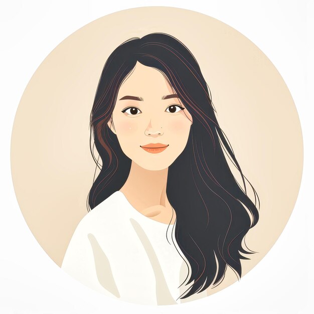 Photo a woman with long black hair smiling gently in a white shirt against a beige background