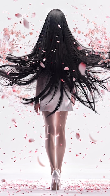 A woman with long black hair walks among flying rose petals on a white background