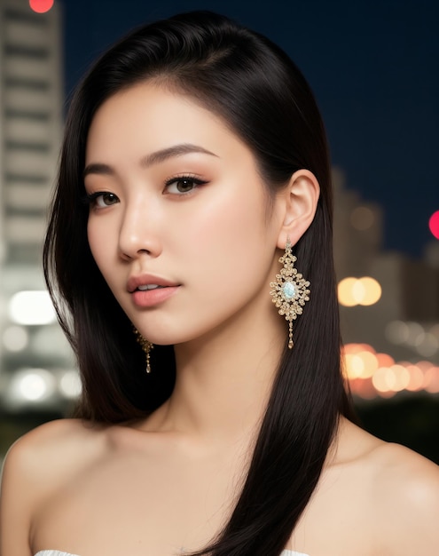 A woman with long black hair wearing a gold earrings