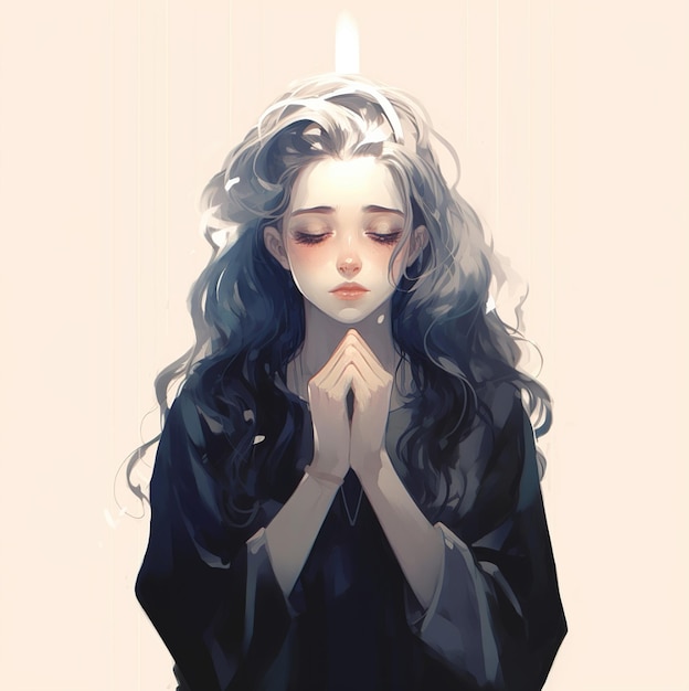 a woman with long black hair and a white headband is praying.