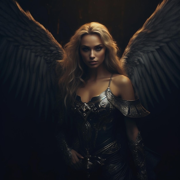 A woman with long blonde hair and a black dress with a silver angel on the front.