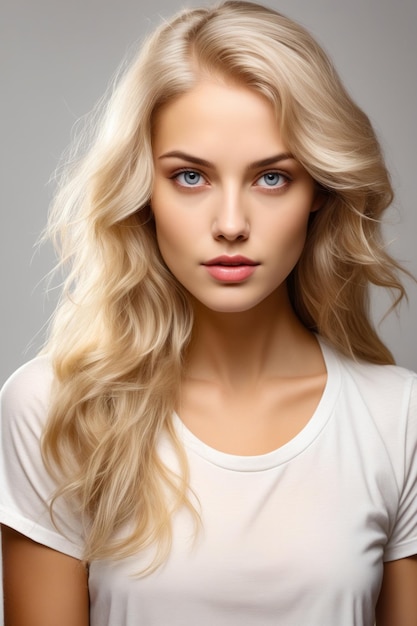 Woman with long blonde hair and blue eyes wearing white shirt. Generative AI.