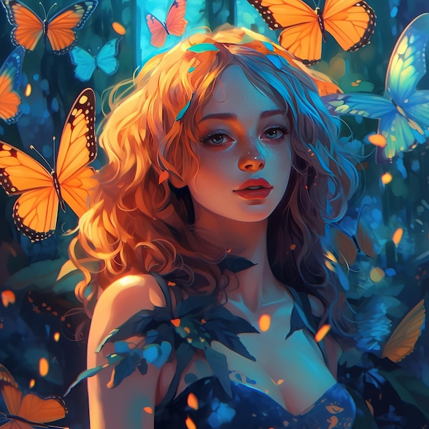 A woman with long blonde hair and a bunch of butterflies in the background.