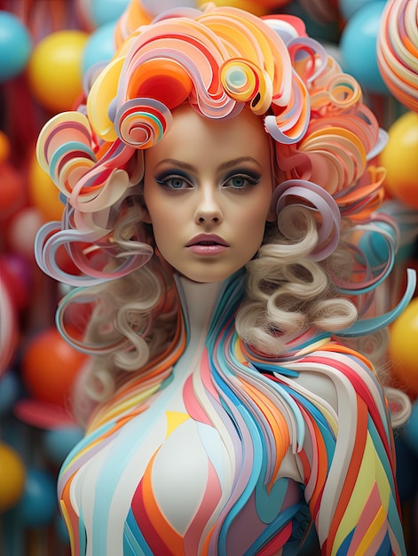 긴 금발 머리카락과 다채로운 머리카락을 가진 여자가 다채로운 위그를 착용하고 있습니다.