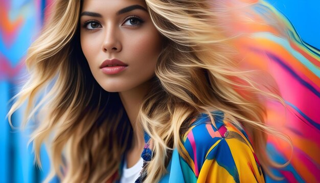 a woman with long blonde hair and a colorful shirt