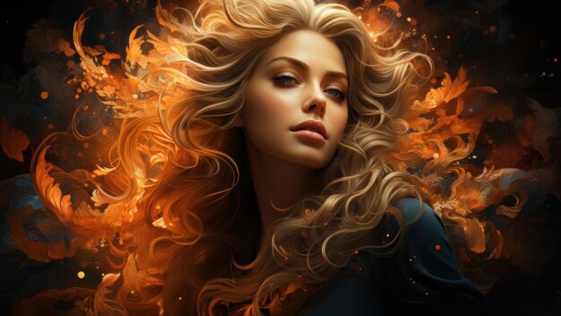 Photo a woman with long blonde hair and flames in her hair generative ai image