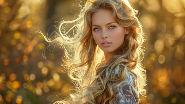 a woman with long blonde hair and a floral print on her dress