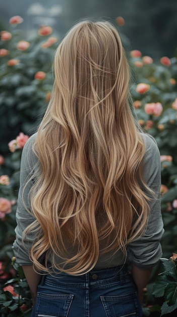 Woman With Long Blonde Hair Among Flowers