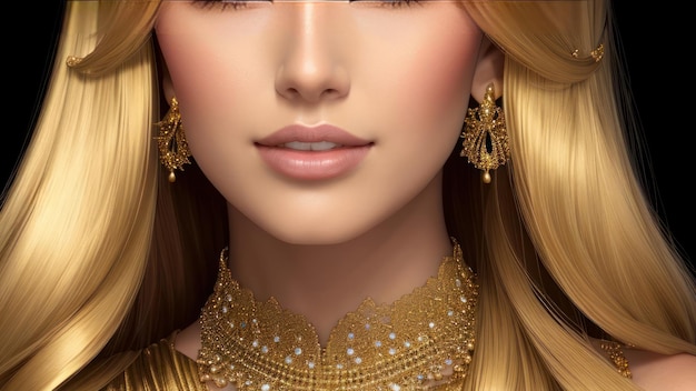 A woman with long blonde hair and a gold necklace