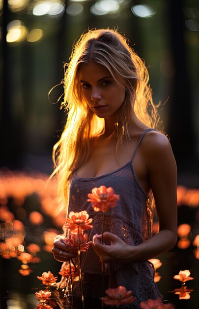 Foto una donna con i capelli lunghi biondi che tiene i fiori alla luce del sole