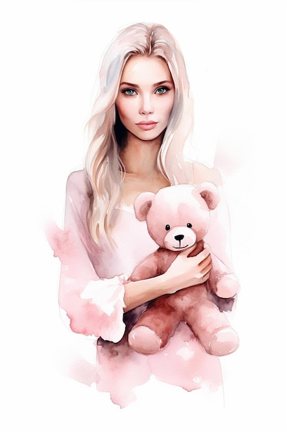 a woman with long blonde hair holding a teddy bear.