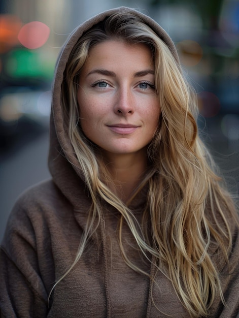 Foto una donna con i capelli lunghi e biondi e un cappuccio