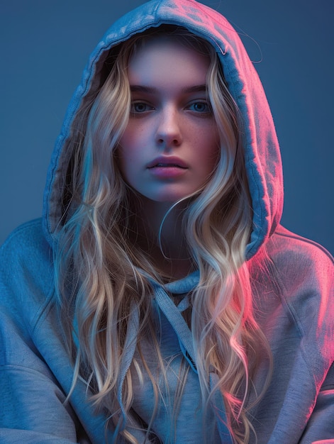 a woman with long blonde hair and a hoodie