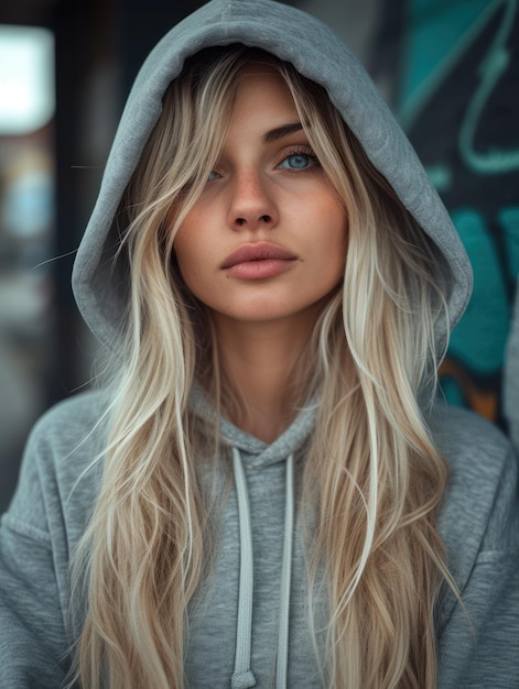 a woman with long blonde hair and a hoodie