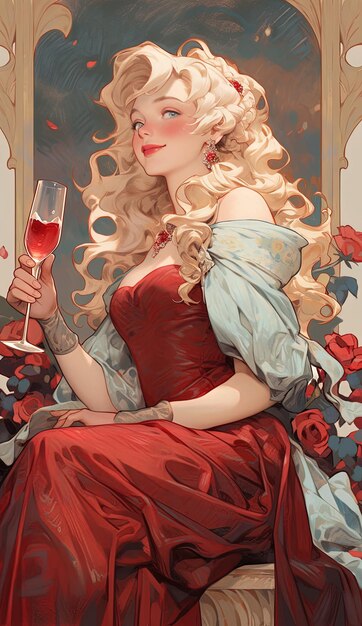 a woman with long blonde hair is holding a wine glass