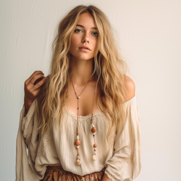 A woman with long blonde hair is posing in front of a white wall.