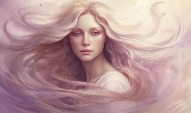 A woman with long blonde hair and a pink sky