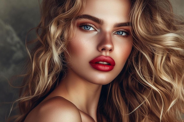 a woman with long blonde hair and red lipstick