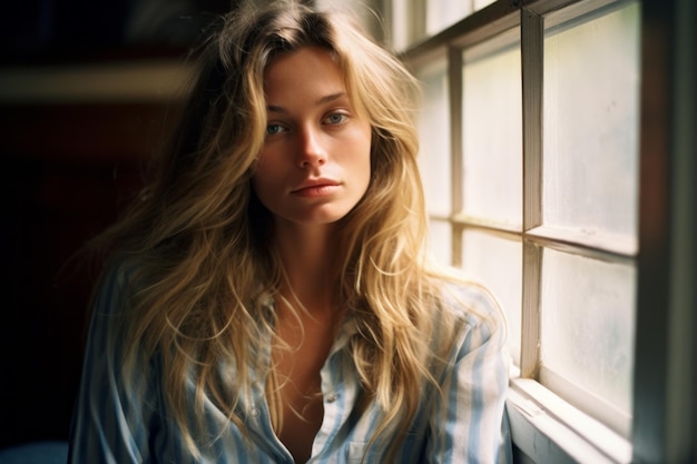 a woman with long blonde hair sitting by a window