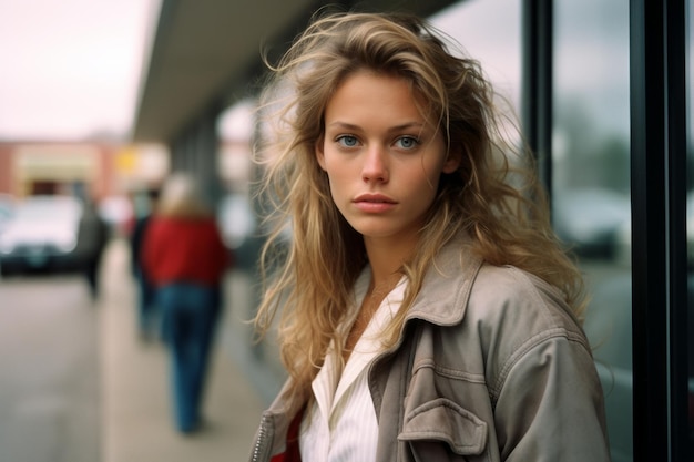 a woman with long blonde hair standing in front of a building