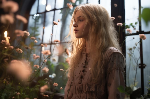 a woman with long blonde hair standing in front of a window filled with flowers