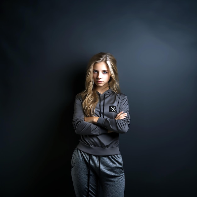 A woman with long blonde hair stands against a black wall