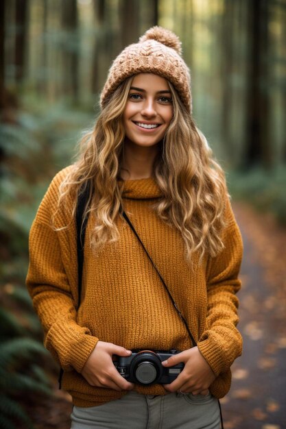 Photo a woman with long blonde hair stands in a forest with a camera in her hand