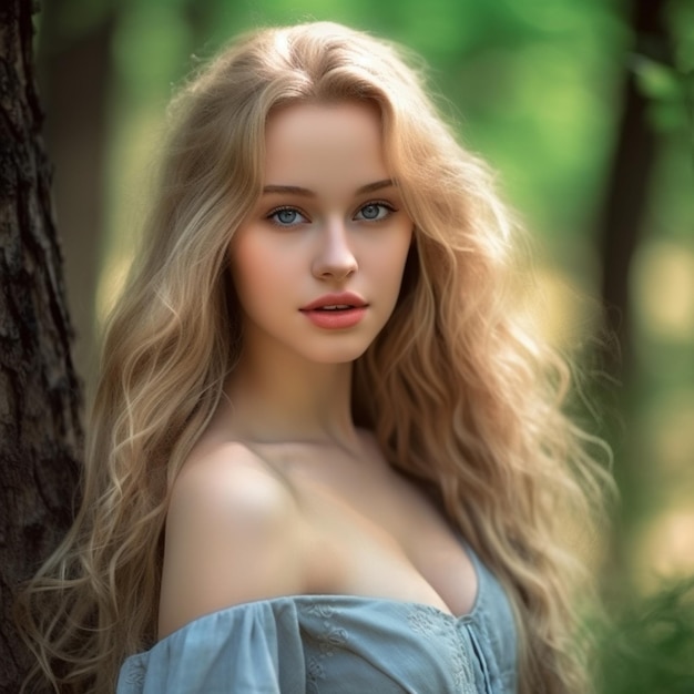 A woman with long blonde hair stands in a forest