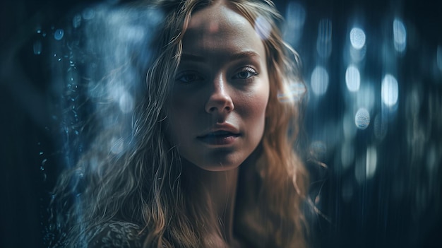 A woman with long blonde hair stands in front of a blue background with a light source.