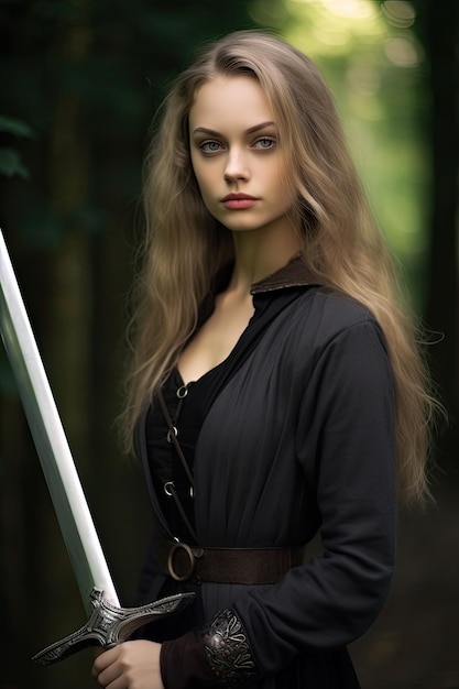 a woman with long blonde hair and a sword