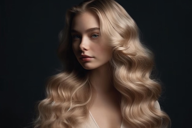 A woman with long blonde hair and a white dress is posing against a black background.