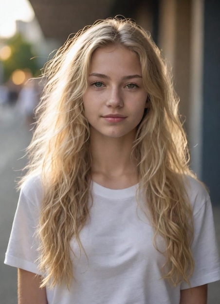 Photo a woman with long blonde hair and a white shirt