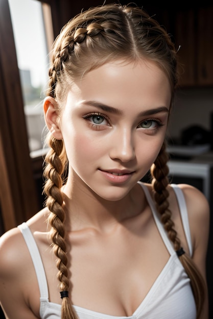 a woman with a long braid hair and a white tank top is posing for a picture