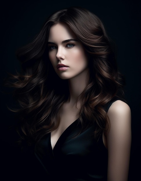 A woman with long brown hair and a black dress