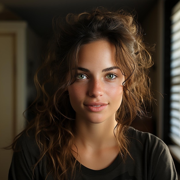 a woman with long brown hair and a black shirt